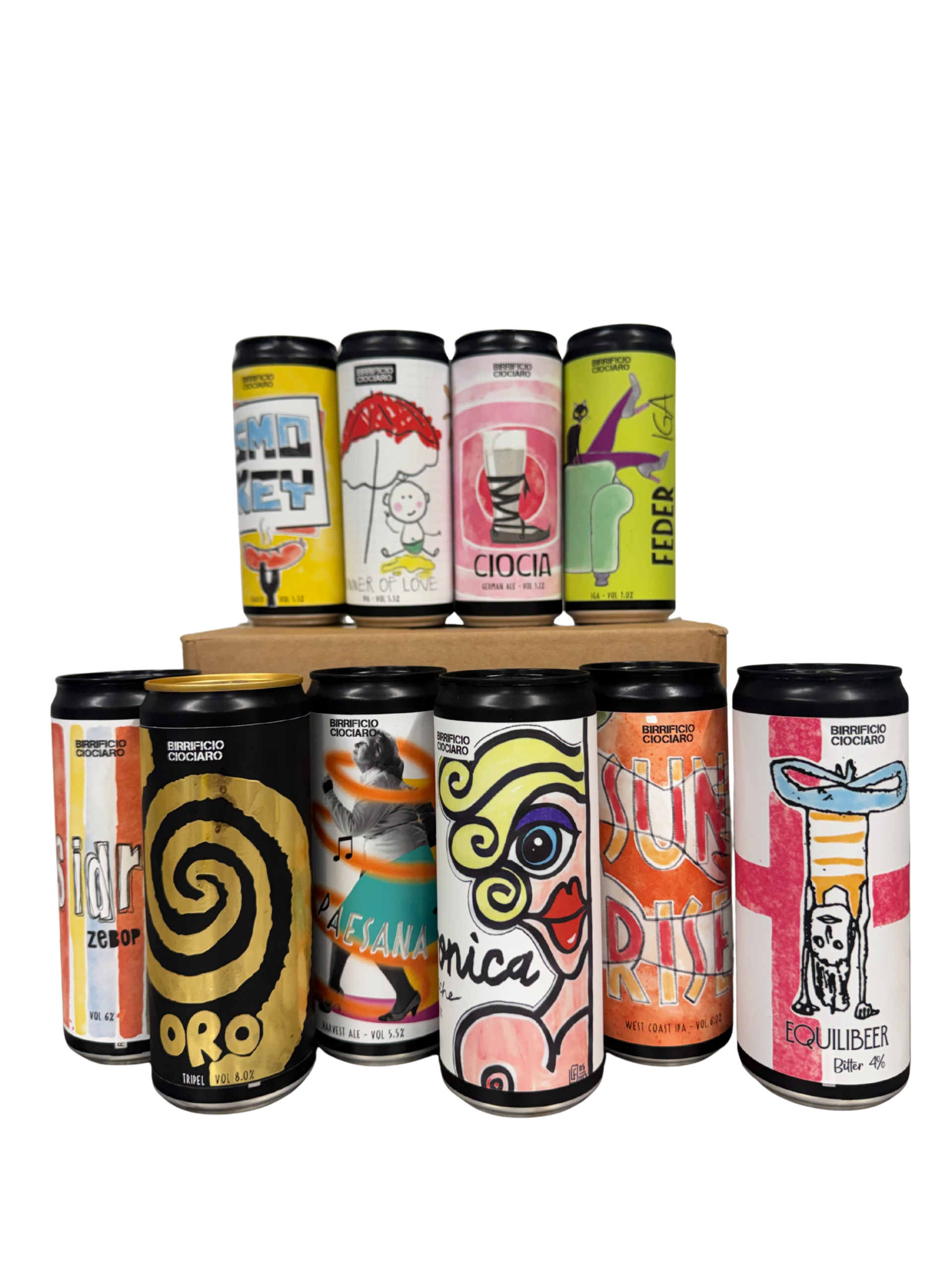 Composizione di 10 lattine di birra artigianale assortite (330ml) del Birrificio Ciociaro disposte accanto a un bicchiere in vetro modello Pinta Romana serigrafato. Le etichette colorate includono gli stili IPA, Blanche, Tripel e IGA.